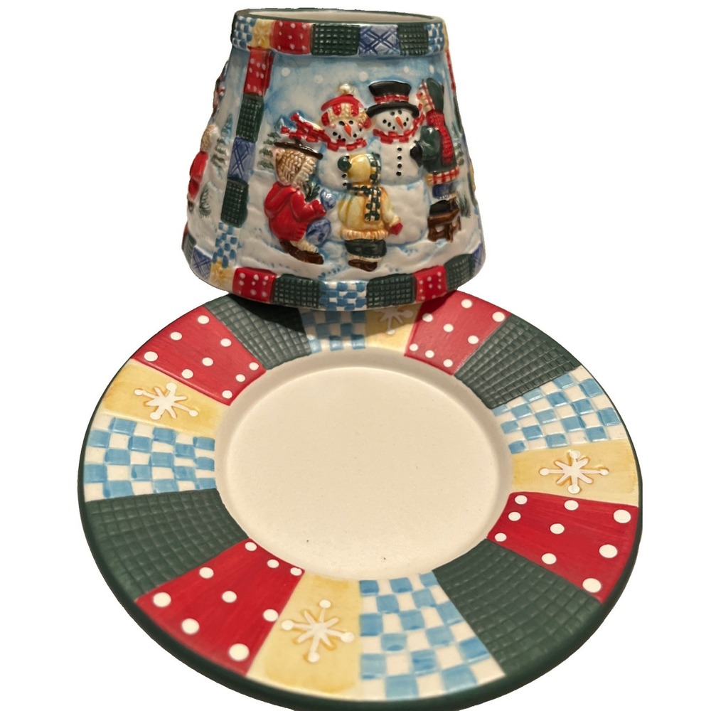 Yankee Candle Quilted Snowman  Shade Topper Plate Tray 2 Piece Set Winter Decor